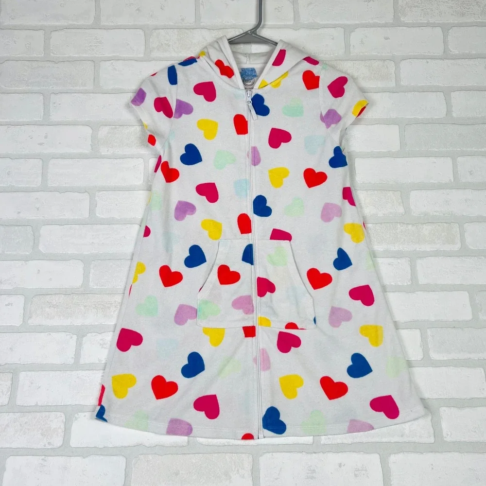 Wonder Nation Kids Terry Cloth Heart Print Zip Up Hooded Cover Up White L 10-12